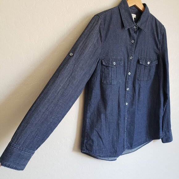 J.Crew Chambray Button Up Top Roll Tab Denim Blue Size 8 100% Cotton Long Sleeve - Picture 5 of 10